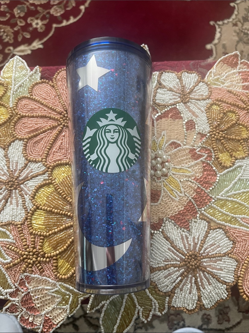 Starbucks Blue Glitter Tumbler with Silver Stars and Moon